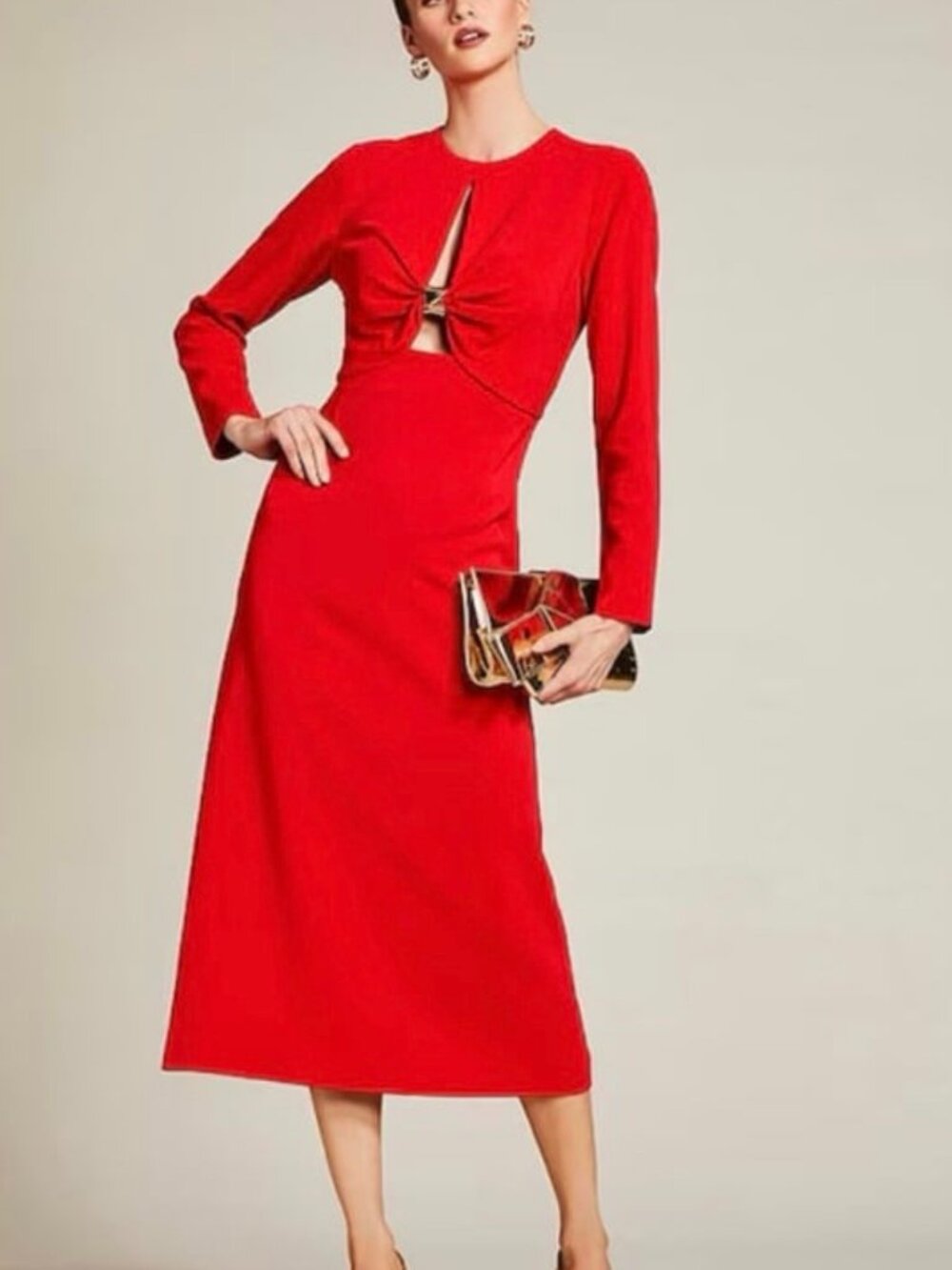 Antonio Melani Lorelei Red 14 Long Sleeve Sheath Midi Dress Cutout Hardware NWT